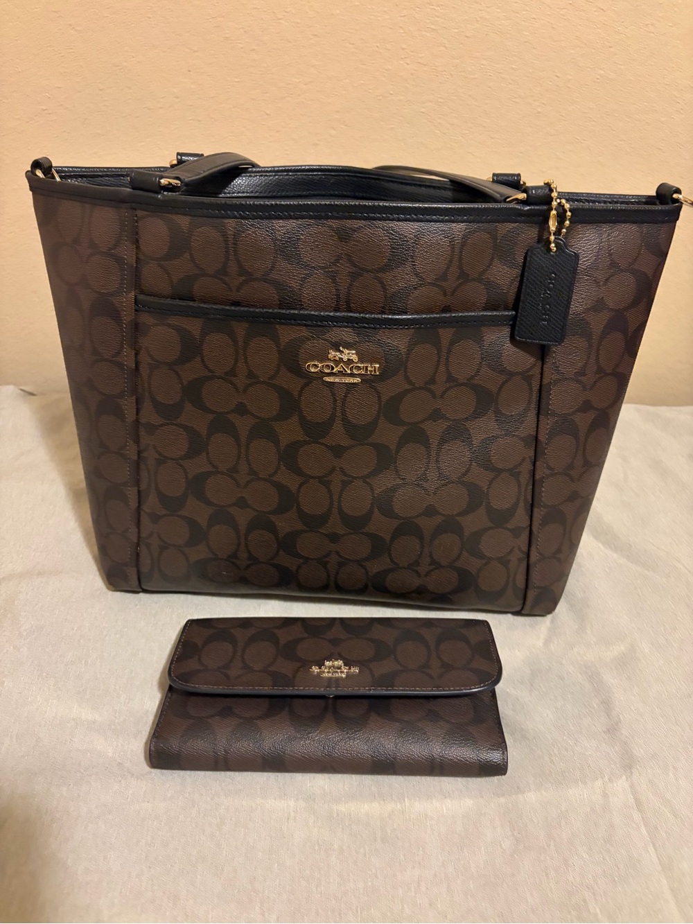 Coach Brown Signature Canvas Tote with Matching Wallet Set